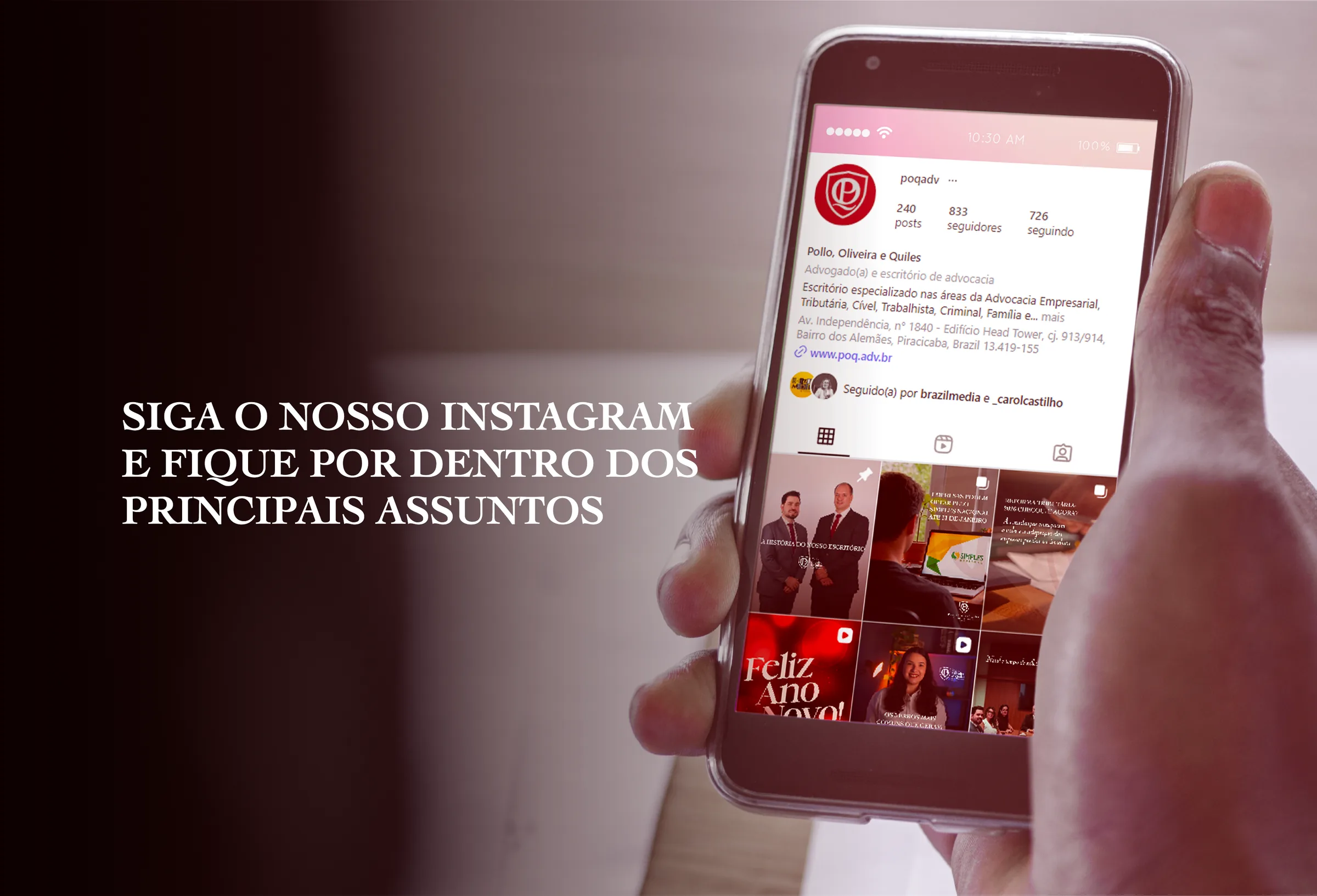 Perfil do escritório no Instagram sendo acessado no celular